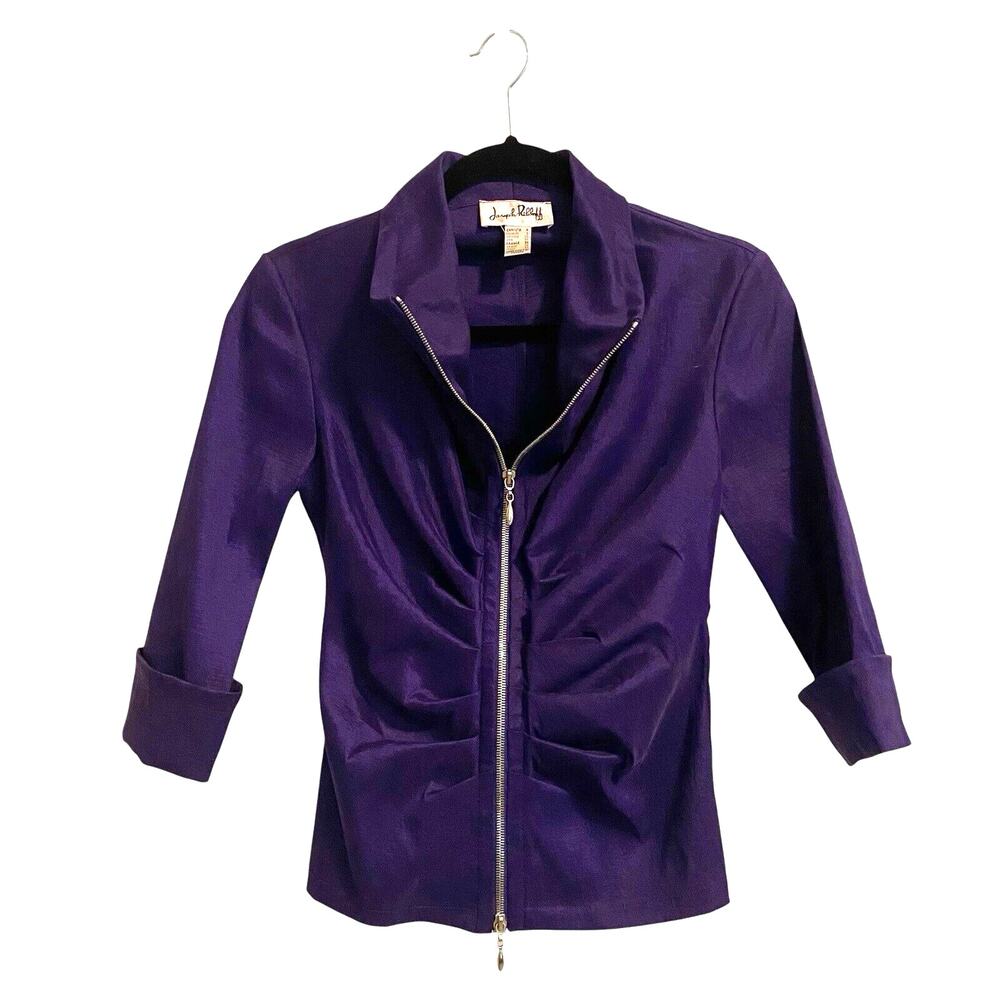 Joseph Ribkoff Top Womens 4 Purple Cocktail Evening Shiny Full Zip Up Gathered